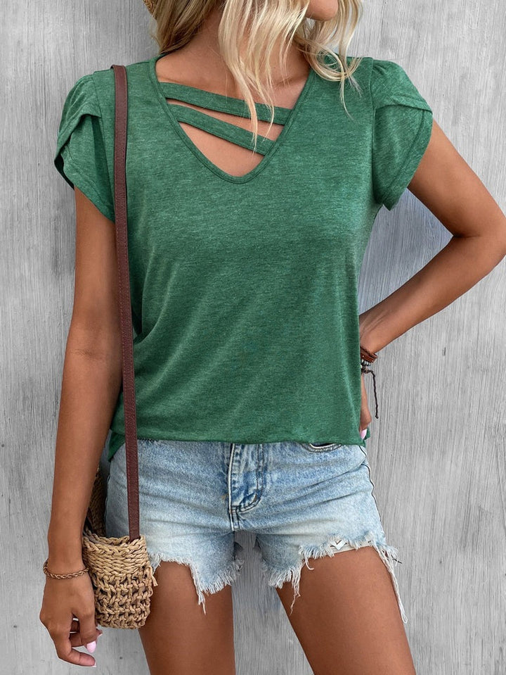 Women’s V-Neck Shirt – Soft Knit – Relaxed Fit – Cross Strap – Short Sleeve Casual Wear