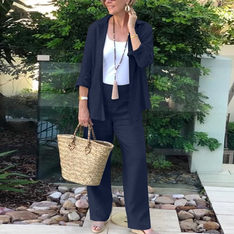 Women’s Two-Piece Set – Relaxed Fit – Linen Blend – Open-Front Shirt & Wide-Leg Pants