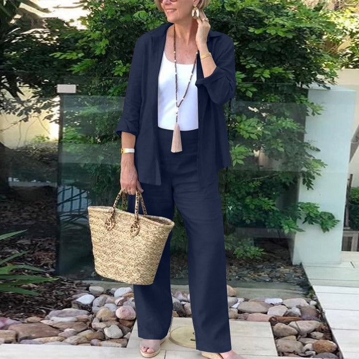 Women’s Two-Piece Set – Relaxed Fit – Linen Blend – Open-Front Shirt & Wide-Leg Pants