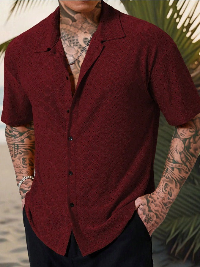 Men’s Casual Shirt - Cotton - Hollow Jacquard Texture - Regular Fit - Short Sleeve
