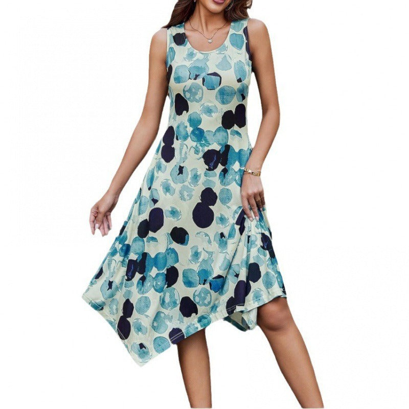 Women’s Midi Dress – Cotton Blend – A-Line Fit – Sleeveless – Asymmetrical Hem – Abstract Print
