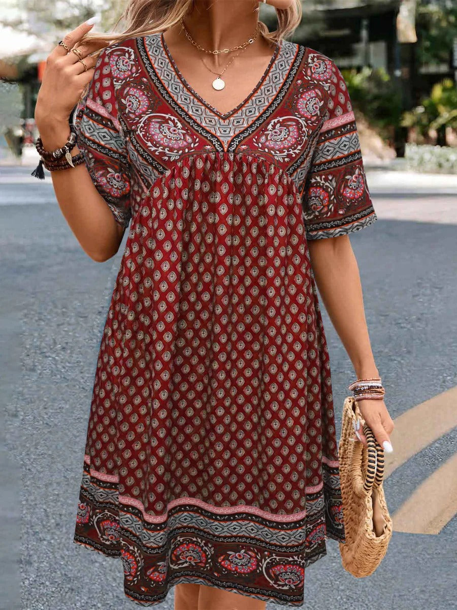 Women’s Casual Dress - Relaxed Fit - A-Line Silhouette - V-Neck - Cotton Feel - Ethnic Print