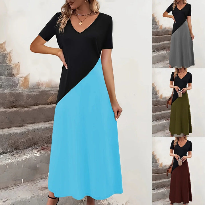 Women’s Maxi Dress – Fitted Bodice – V-Neck – Color Block – Flowing Silhouette – Short Sleeve