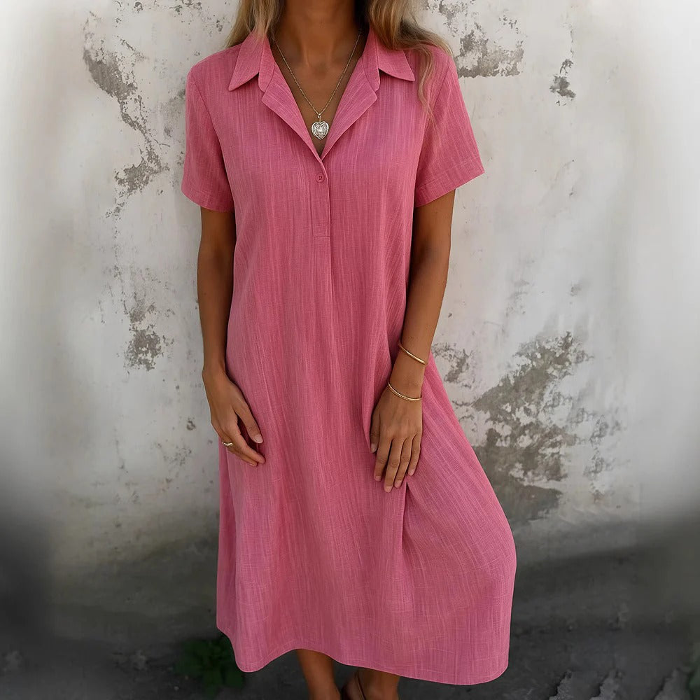 Women’s Shirt Dress – Relaxed Fit – Cotton – Midi Length – Short Sleeve – Collared