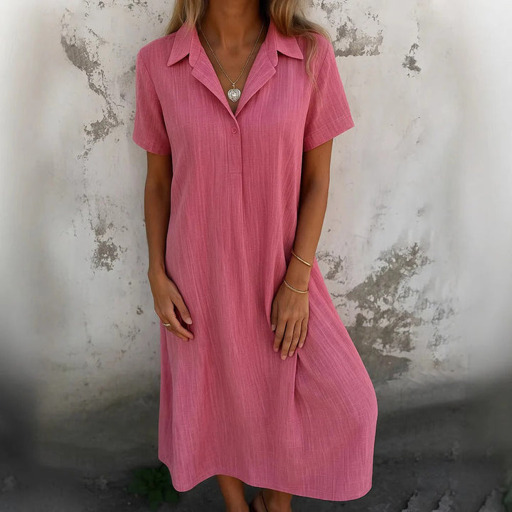Women’s Shirt Dress – Relaxed Fit – Cotton – Midi Length – Short Sleeve – Collared