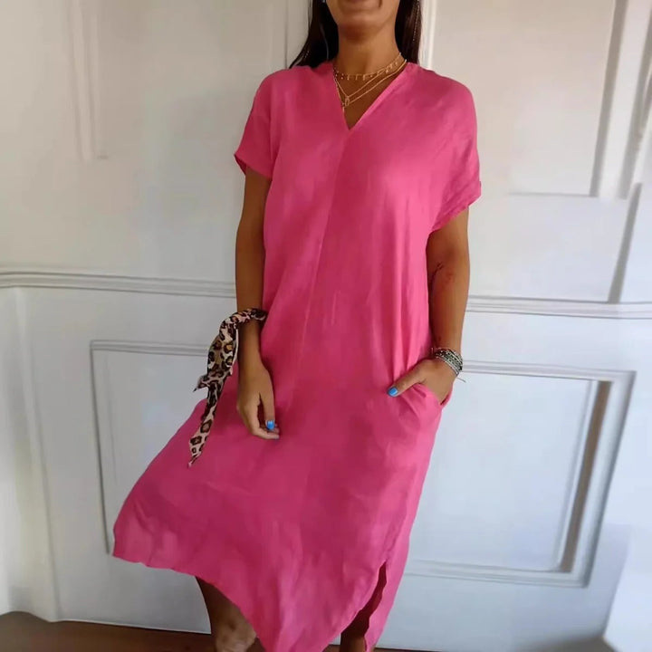 Women’s Maxi Dress - Soft Cotton Feel - Relaxed Fit - V-Neck - Short Sleeve - With Pockets