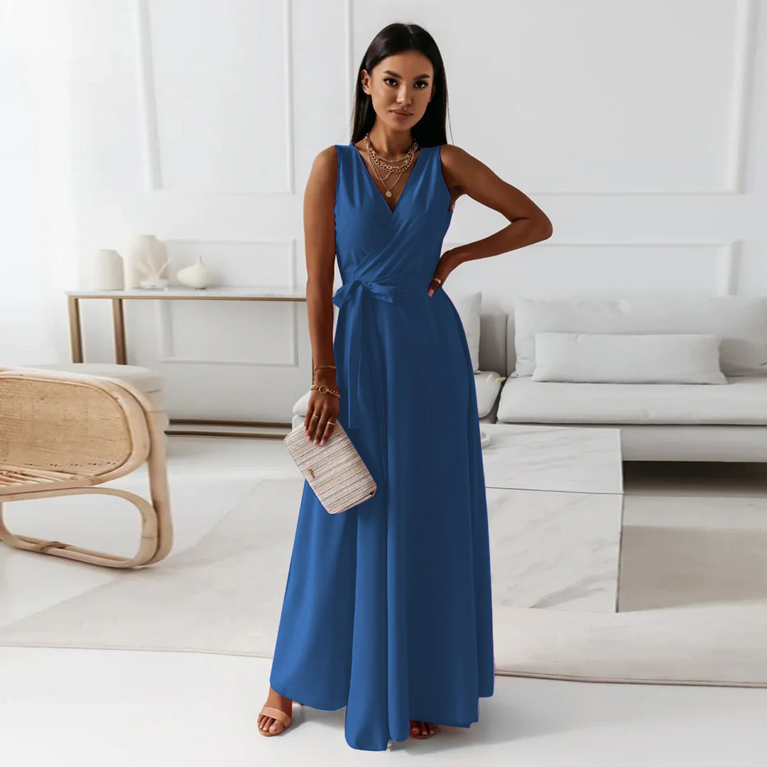 Women’s Maxi Dress - Luxury Fabric - Sleeveless Wrap V-Neck - Tie Waist Elegant Fit