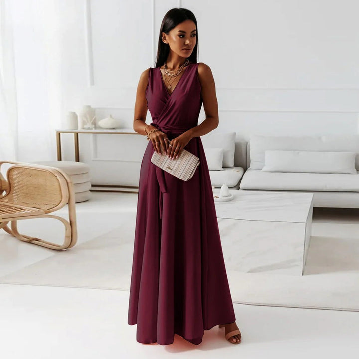 Women’s Maxi Dress - Luxury Fabric - Sleeveless Wrap V-Neck - Tie Waist Elegant Fit