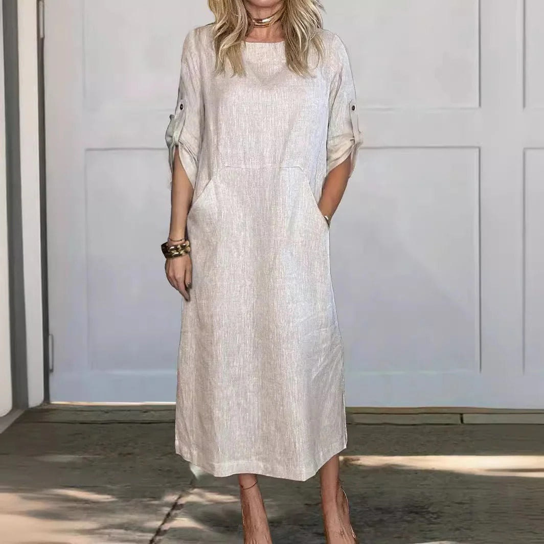 Women’s Maxi Dress – Linen Feel – Relaxed Fit – Roll-Up Sleeves – Side Pockets