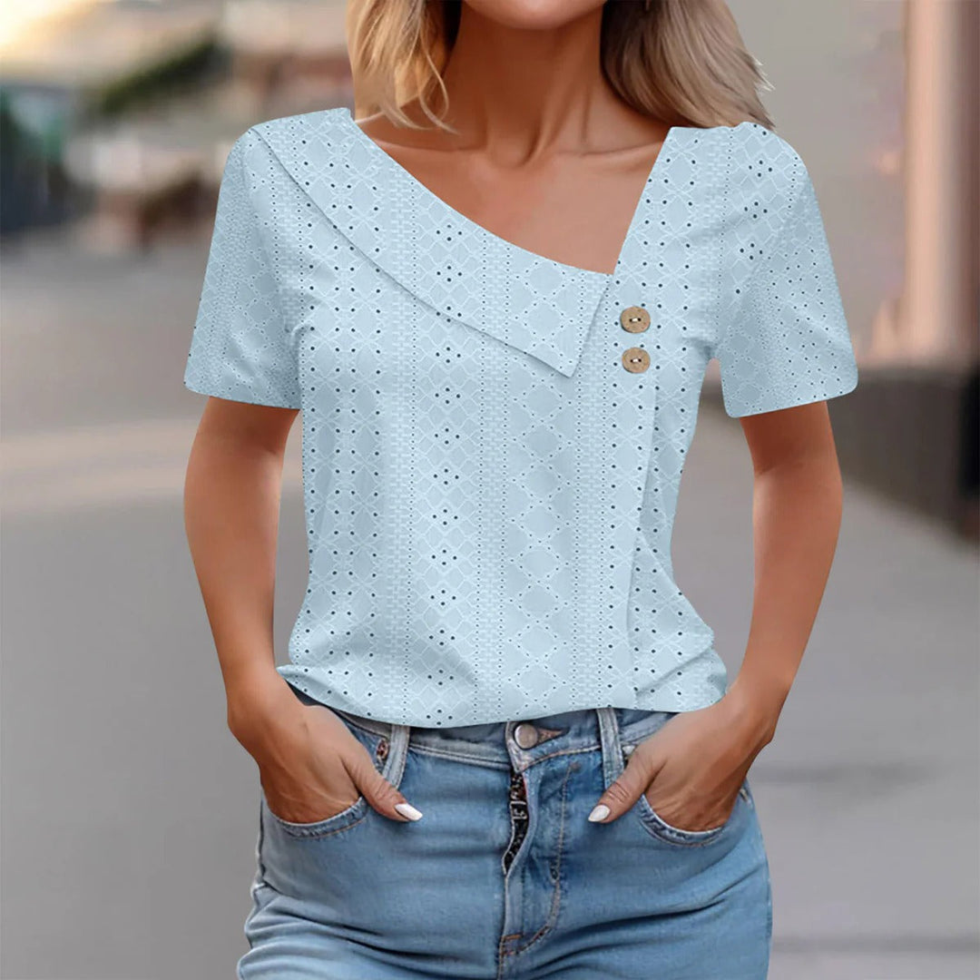 Women’s Fitted Top – Breathable Eyelet Fabric – Asymmetric Neckline – Button Detail
