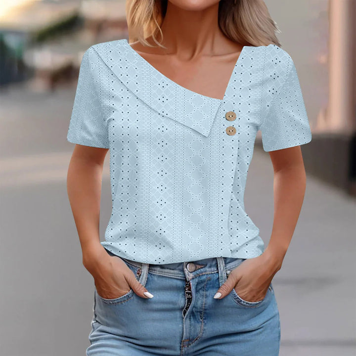 Women’s Fitted Top – Breathable Eyelet Fabric – Asymmetric Neckline – Button Detail