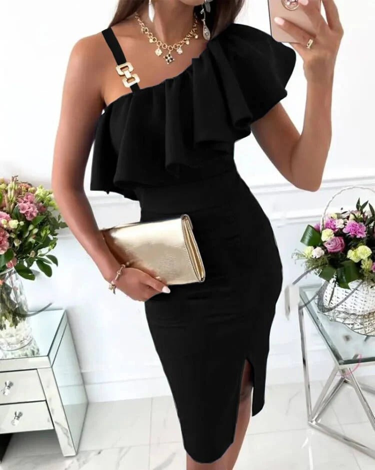 Women’s Midi Dress – Satin Finish – Slim Fit – Ruffle Front – Statement Straps – Side Slit