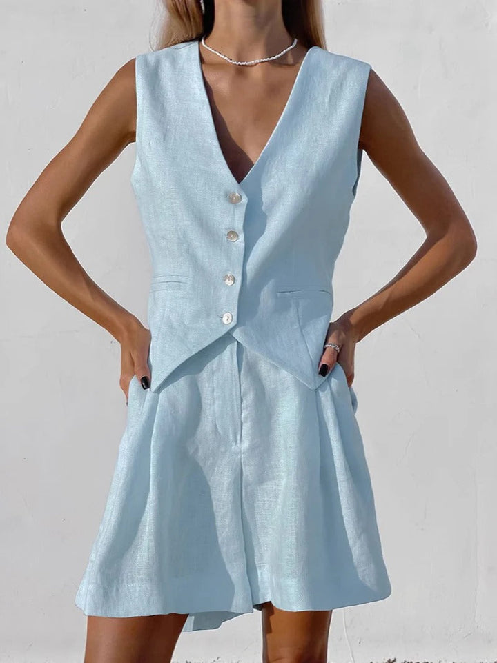 Women’s Vest and Short Set – Linen – Relaxed Fit – Tailored V-Neck – Button Front – Waist Length