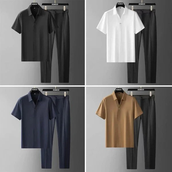 Men’s Two-Piece Set - Slim Fit - Cotton Blend - Short Sleeve Button-Up Shirt & Tailored Pants