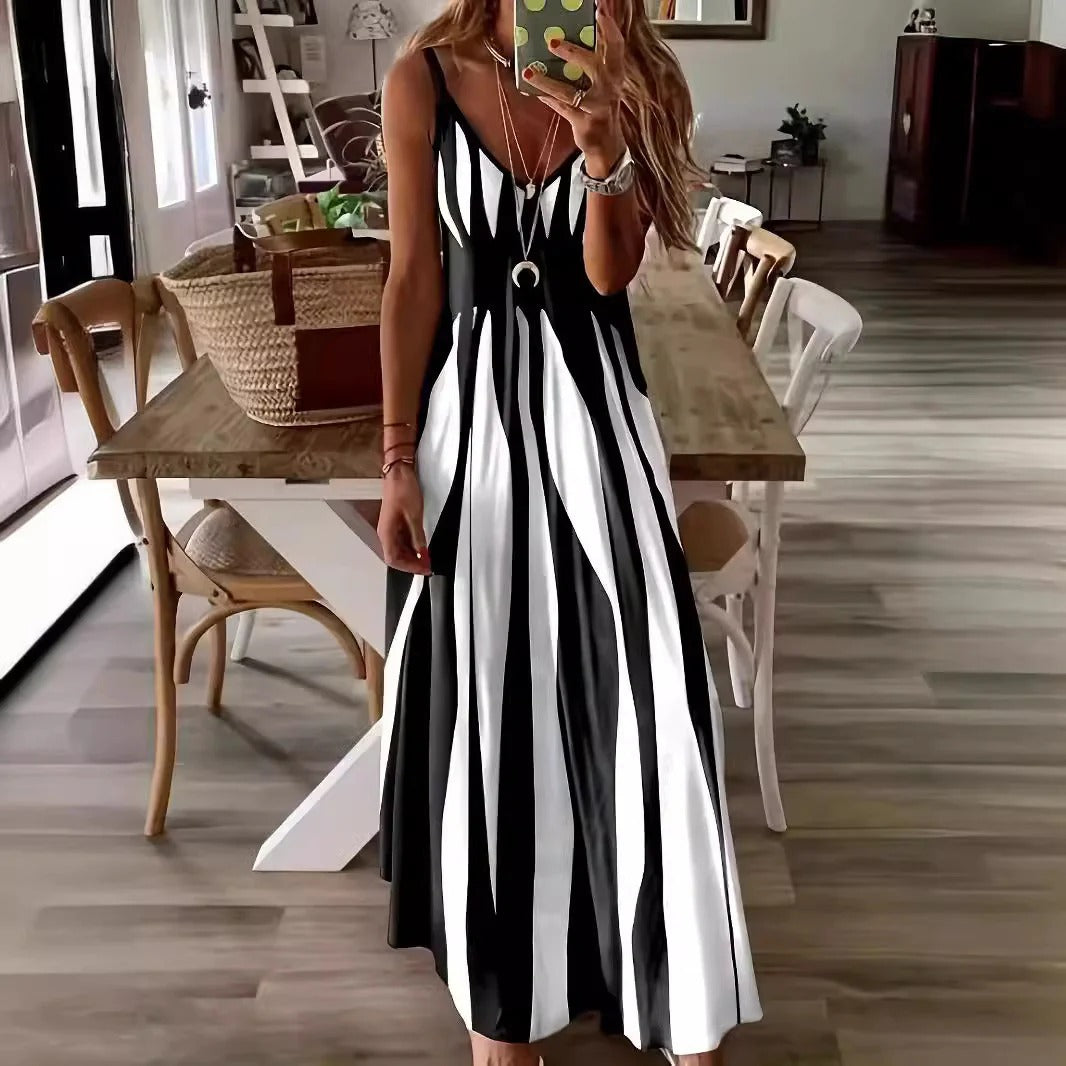 Women’s Maxi Dress – Flowing Fit – Sleeveless – V-Neck – Vertical Stripe – Breathable Fabric