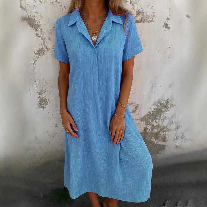 Women’s Shirt Dress – Relaxed Fit – Cotton – Midi Length – Short Sleeve – Collared