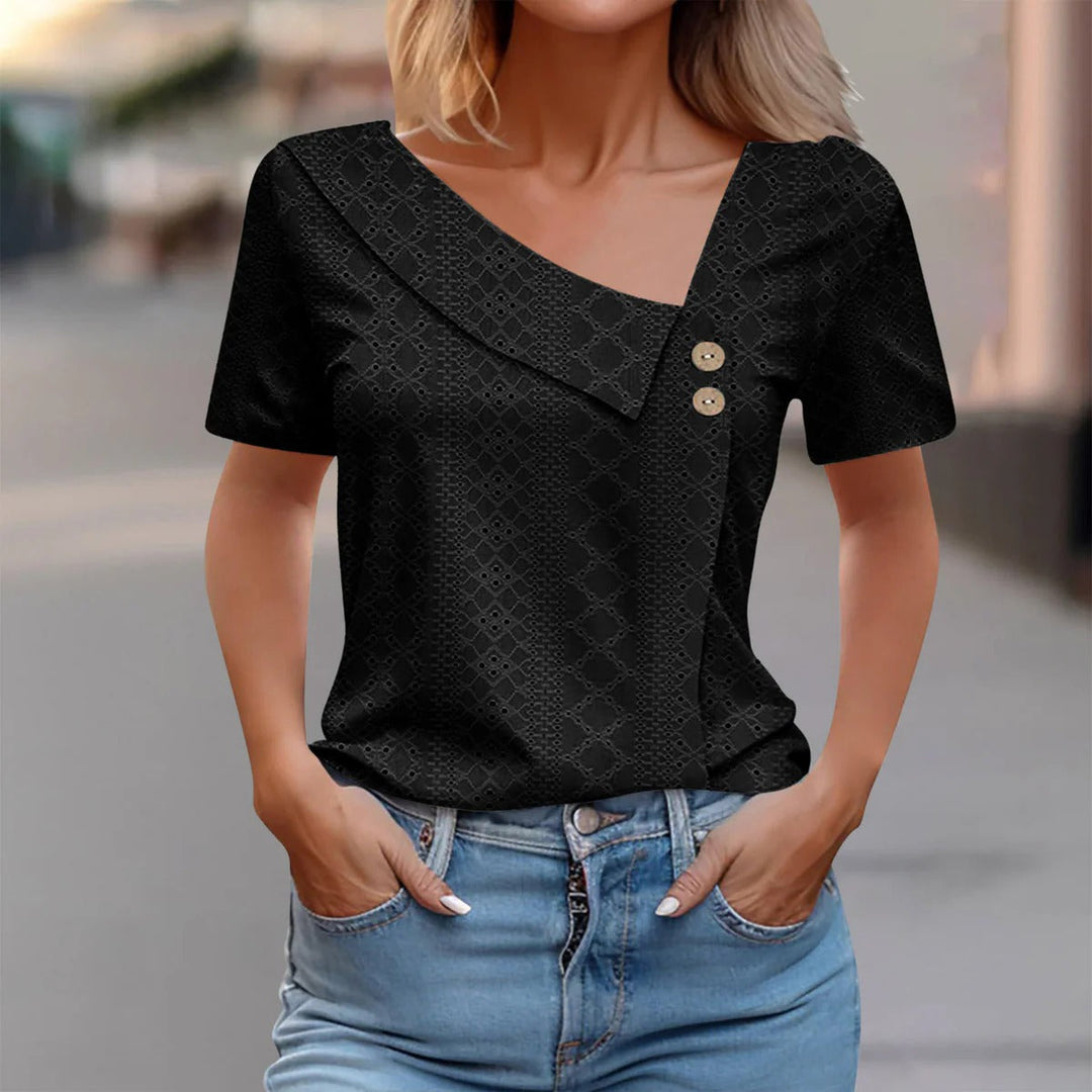 Women’s Fitted Top – Breathable Eyelet Fabric – Asymmetric Neckline – Button Detail