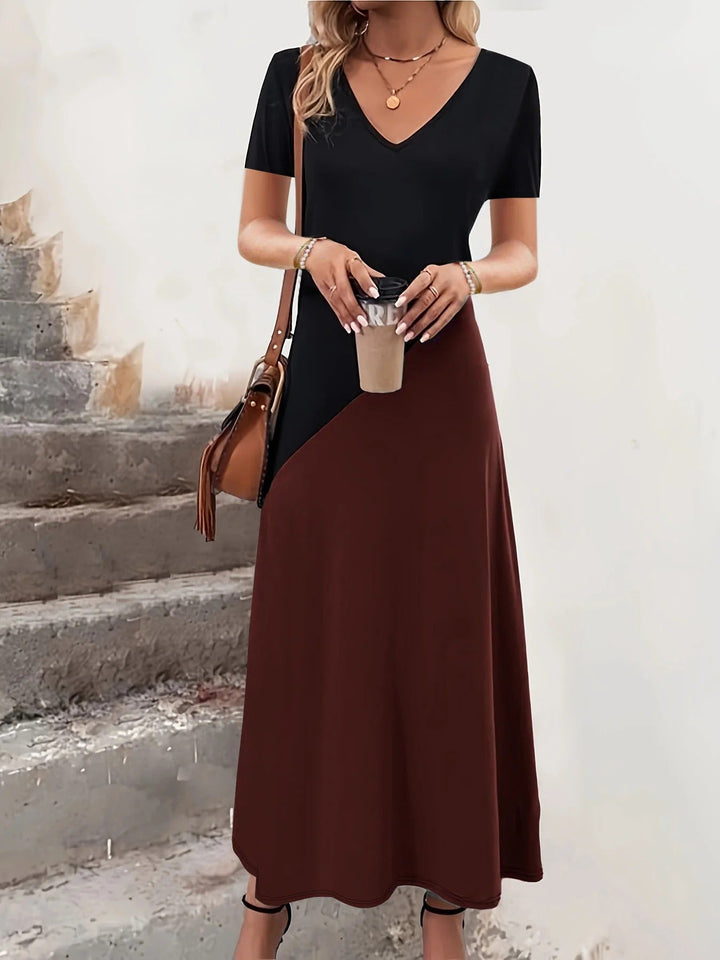 Women’s Maxi Dress – Fitted Bodice – V-Neck – Color Block – Flowing Silhouette – Short Sleeve