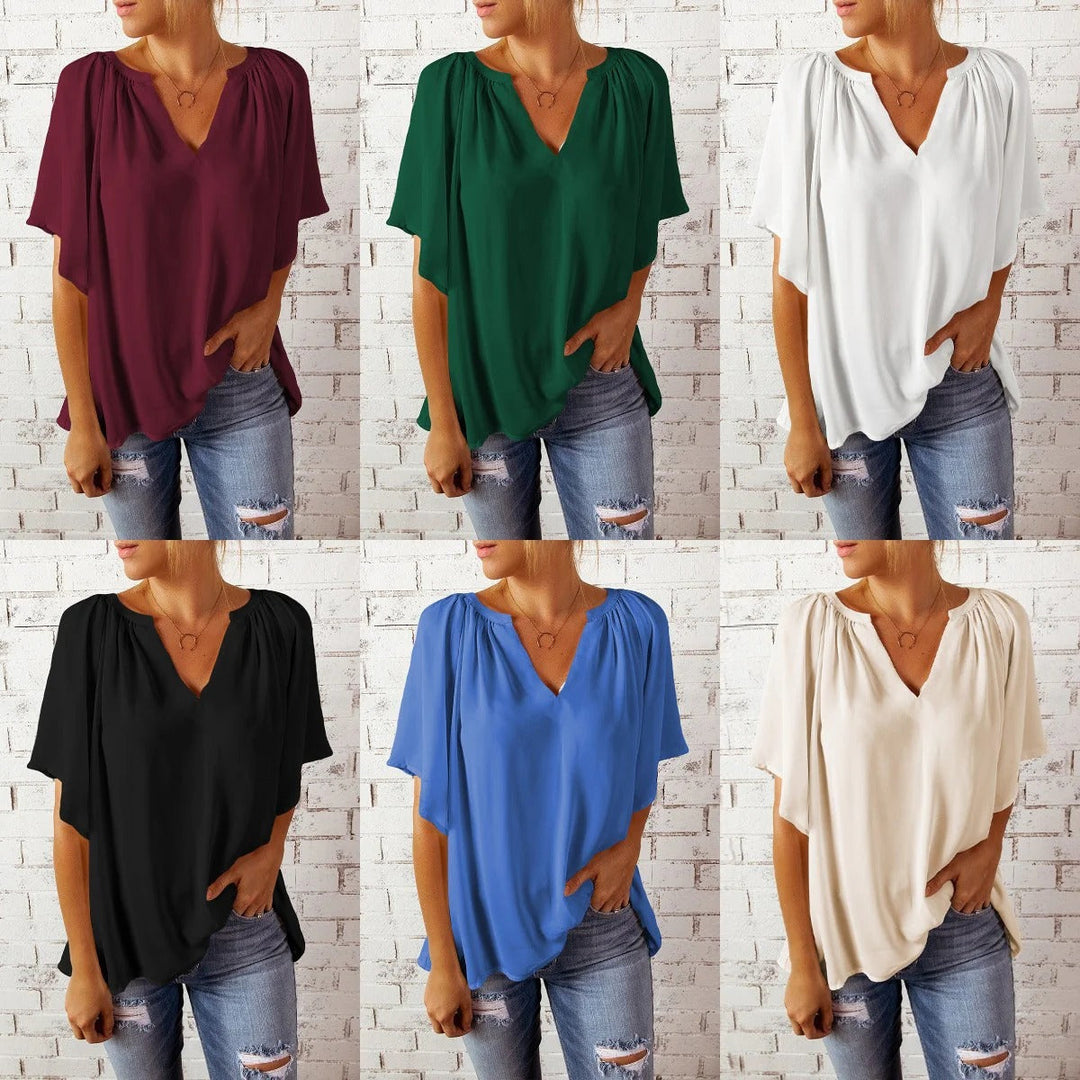 Women’s Blouse – Relaxed Fit – V-Neck – Lightweight – Short Sleeve Casual Style