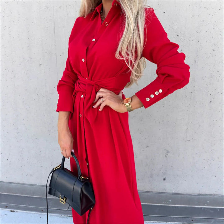 Women’s Shirtdress – Tailored Fit – Soft Drape – Button-Down – Waist Tie – Midi Length