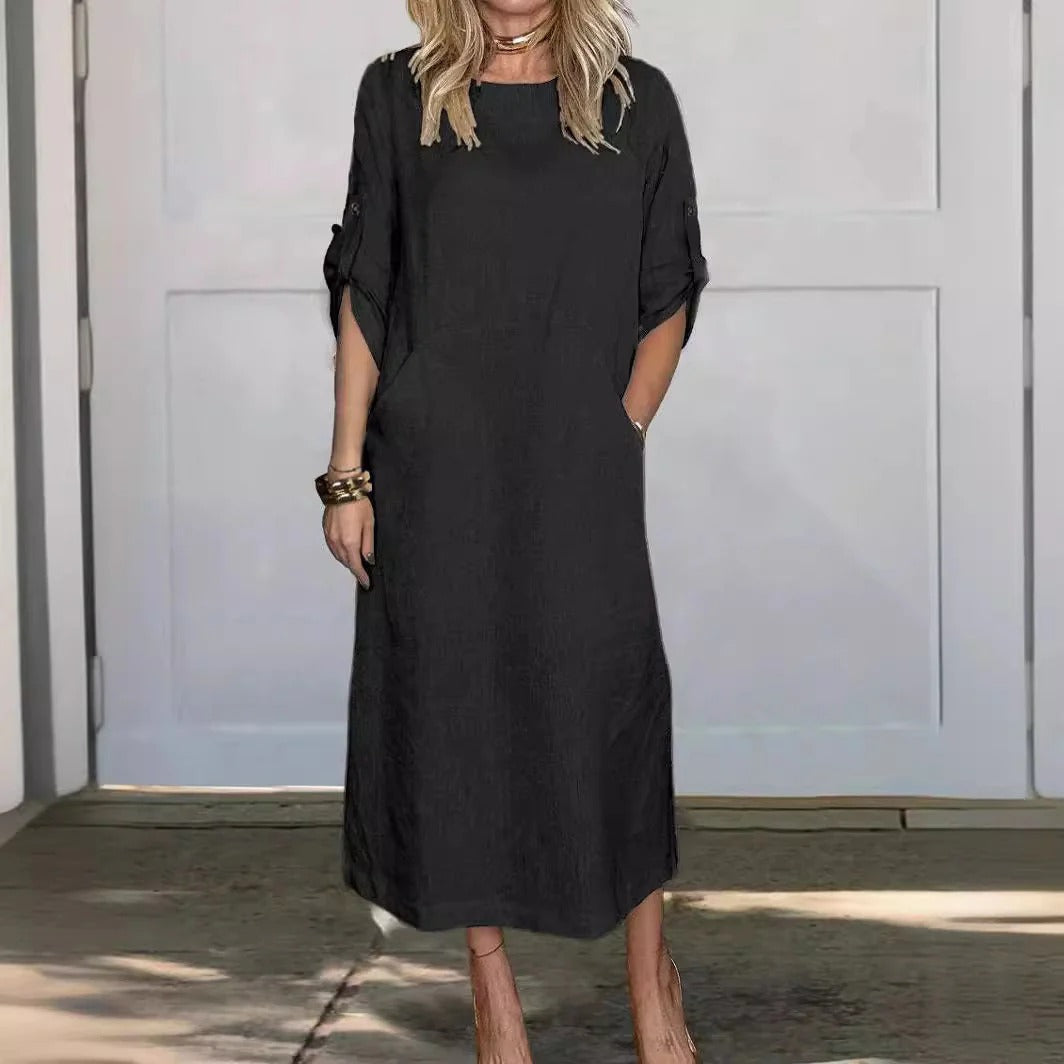 Women’s Maxi Dress – Linen Feel – Relaxed Fit – Roll-Up Sleeves – Side Pockets