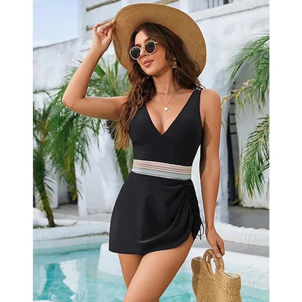 Women’s One-Piece Swimsuit – V-Neck – Ruched Waist – Skirt Overlay – Stretch Fit