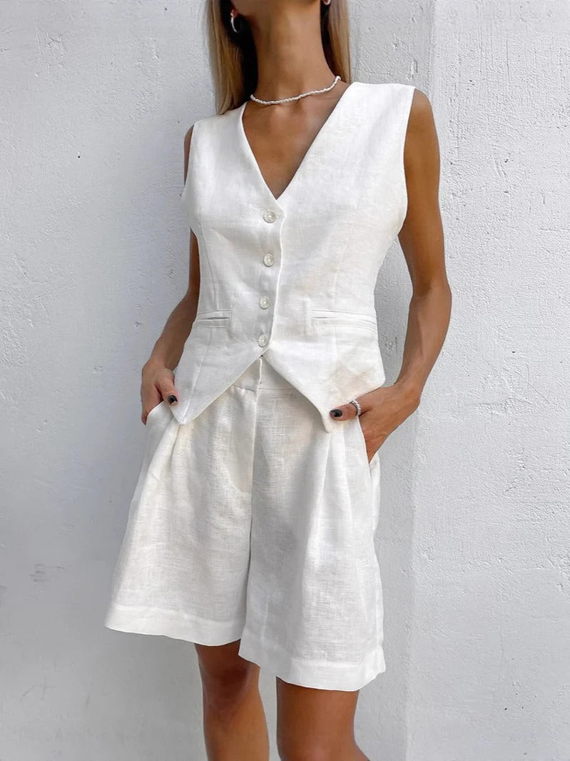 Women’s Vest and Short Set – Linen – Relaxed Fit – Tailored V-Neck – Button Front – Waist Length