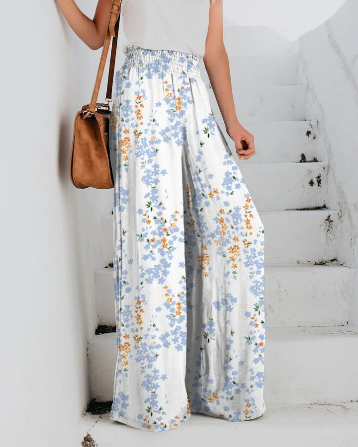 Women’s Wide-Leg Trousers – Relaxed Fit – Elastic Waist – Breathable Cotton Blend – Floral Print