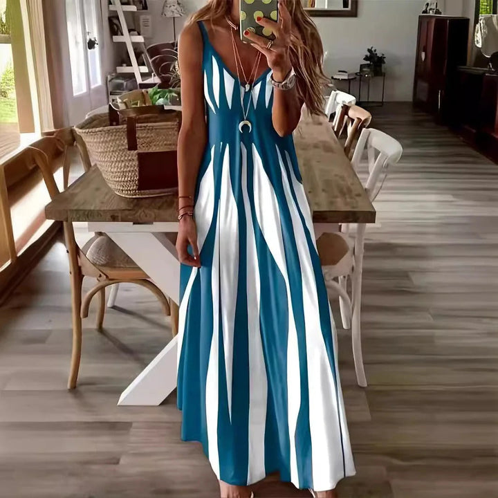 Women’s Maxi Dress – Flowing Fit – Sleeveless – V-Neck – Vertical Stripe – Breathable Fabric