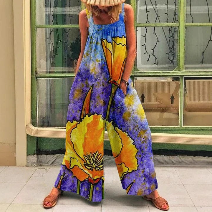 Women’s Wide-Leg Overall – Relaxed Fit – Sleeveless – Artistic Print – Breathable Cotton