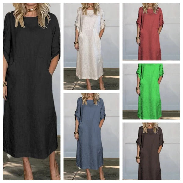 Women’s Maxi Dress – Linen Feel – Relaxed Fit – Roll-Up Sleeves – Side Pockets