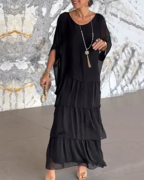 Women’s Maxi Dress – Flowing Fit – Tiered Layers – Sheer Fabric – Elbow Sleeve
