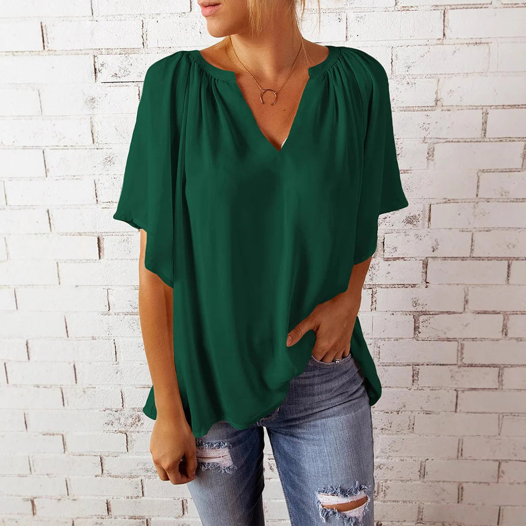 Women’s Blouse – Relaxed Fit – V-Neck – Lightweight – Short Sleeve Casual Style