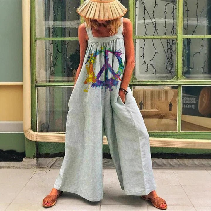 Women’s Wide-Leg Overall – Relaxed Fit – Sleeveless – Artistic Print – Breathable Cotton