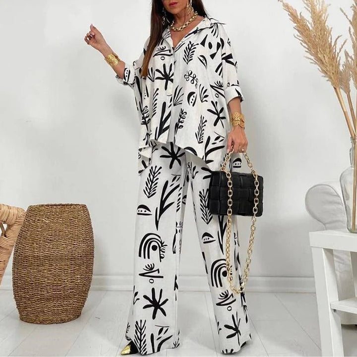 Women’s Two-Piece Set – Relaxed Fit – Breathable Fabric – Wide-Leg Pants – Button-Down Top