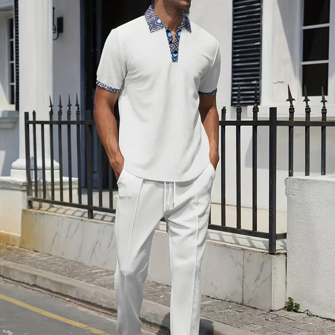 Men’s Casual Set – Relaxed Fit Top with Patterned Collar – Tapered Leg Pants – Cotton