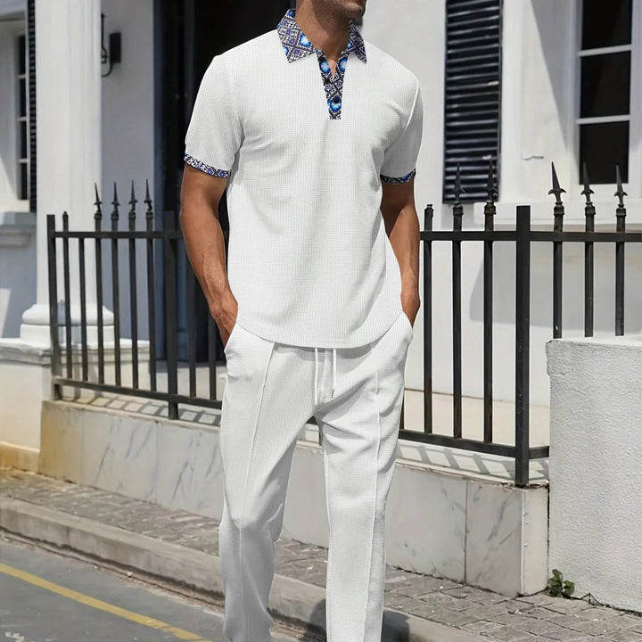 Men’s Casual Set – Relaxed Fit Top with Patterned Collar – Tapered Leg Pants – Cotton