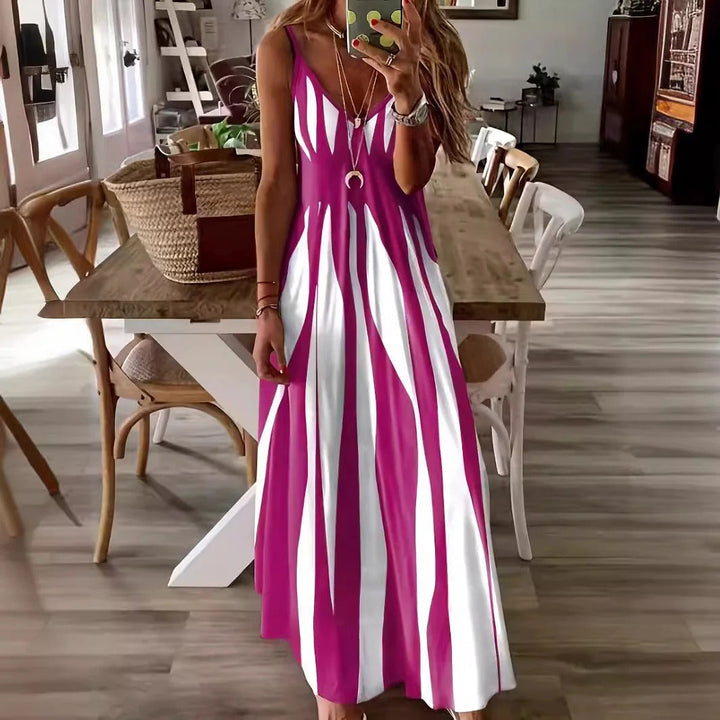 Women’s Maxi Dress – Flowing Fit – Sleeveless – V-Neck – Vertical Stripe – Breathable Fabric