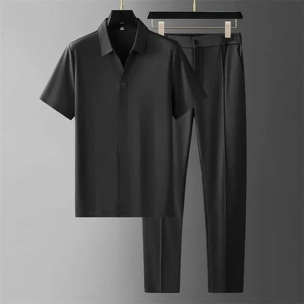 Men’s Two-Piece Set - Slim Fit - Cotton Blend - Short Sleeve Button-Up Shirt & Tailored Pants