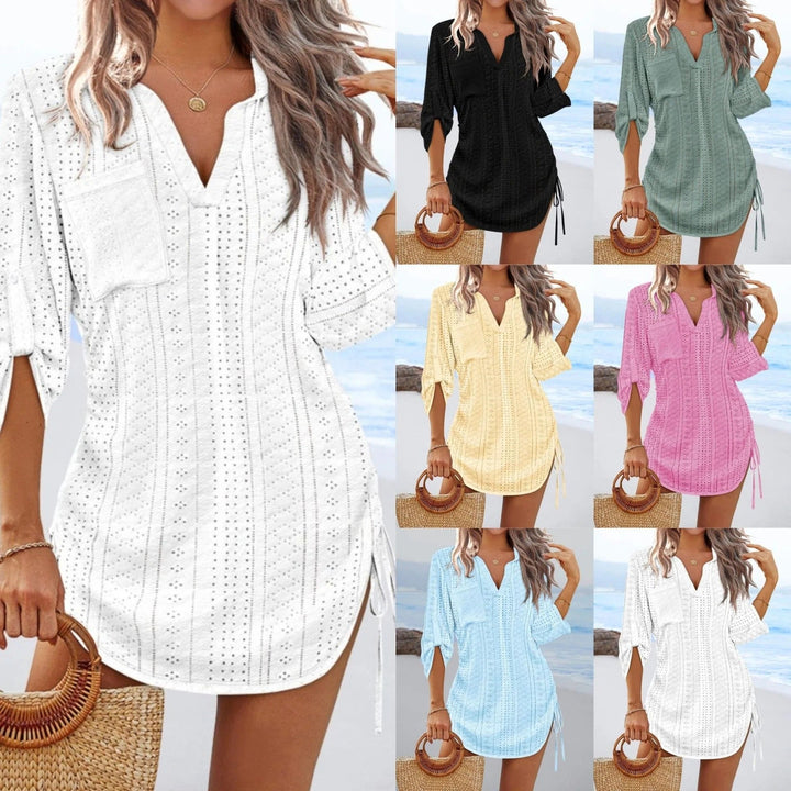 Women’s Beach Dress – Eyelet Lace – Relaxed Fit – V-Neck – Adjustable Waist Ties