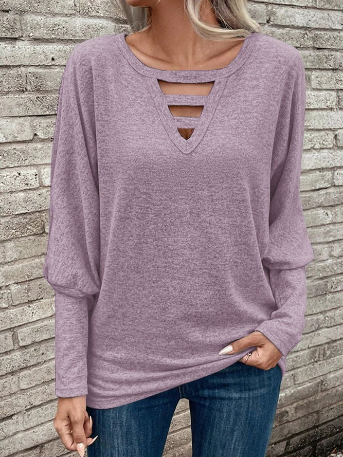 Women’s Long-Sleeve Top – Soft Knit – Relaxed Fit – V-Neck with Cut-Out Detail