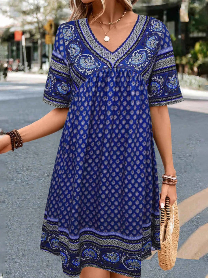 Women’s Casual Dress - Relaxed Fit - A-Line Silhouette - V-Neck - Cotton Feel - Ethnic Print