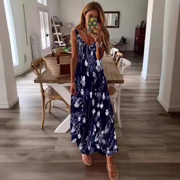 Women’s Maxi Dress – Flowing Fit – Sleeveless – Deep V-Neck – Floral Print – Cotton Feel
