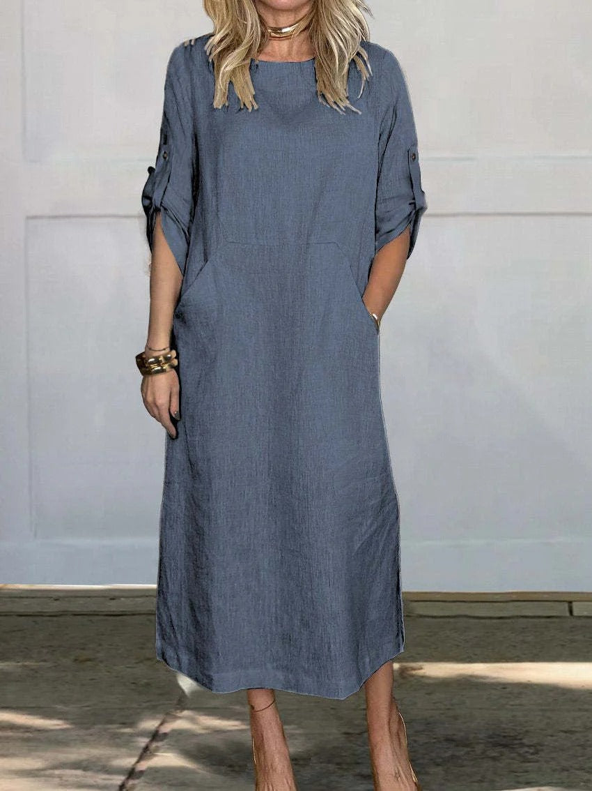 Women’s Maxi Dress – Linen Feel – Relaxed Fit – Roll-Up Sleeves – Side Pockets