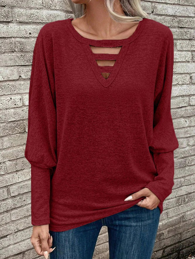 Women’s Long-Sleeve Top – Soft Knit – Relaxed Fit – V-Neck with Cut-Out Detail