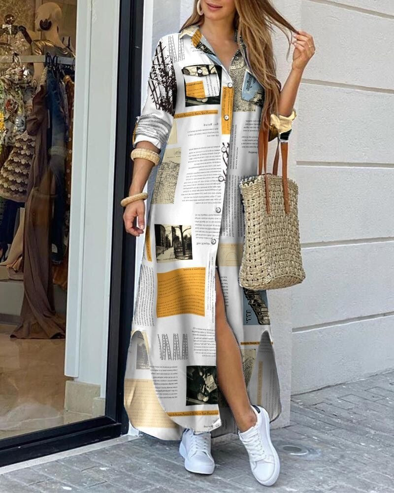 Women’s Maxi Dress – Relaxed Fit – Cotton Feel – Geometric Print – Button Front – Pockets