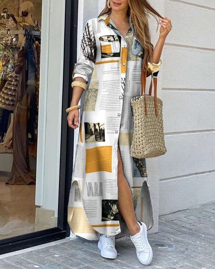 Women’s Maxi Dress – Relaxed Fit – Cotton Feel – Geometric Print – Button Front – Pockets