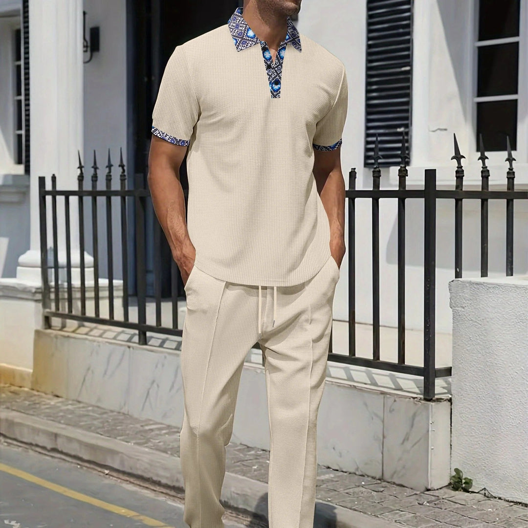 Men’s Casual Set – Relaxed Fit Top with Patterned Collar – Tapered Leg Pants – Cotton