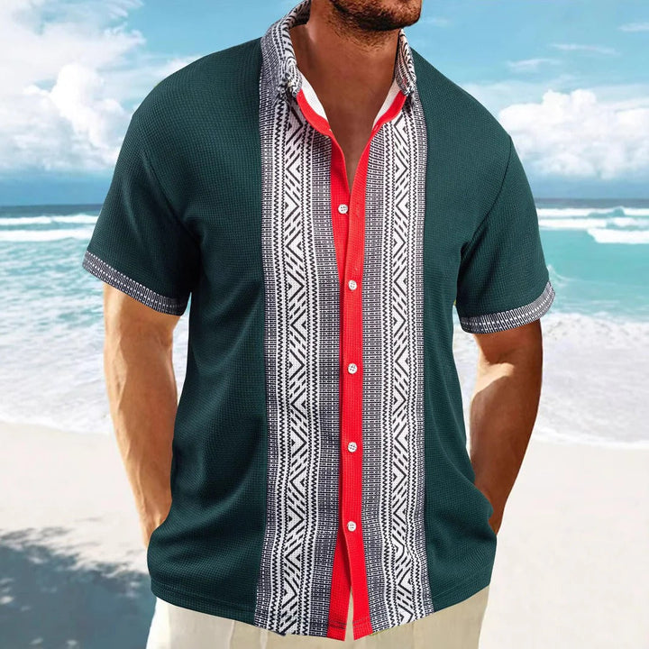 Men’s Short Sleeve Shirt - Relaxed Fit - Cotton - Ethnic Pattern - Button Down