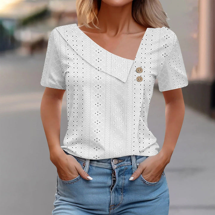 Women’s Fitted Top – Breathable Eyelet Fabric – Asymmetric Neckline – Button Detail